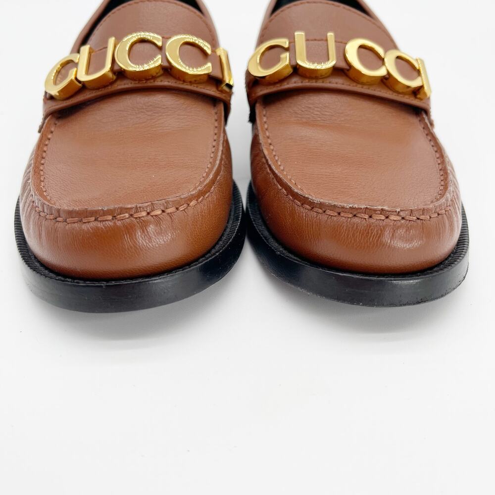 Gucci Cara Brown Pebbled Leather Gold Logo Hardware Loafers EU 38 - Picture 6 of 12